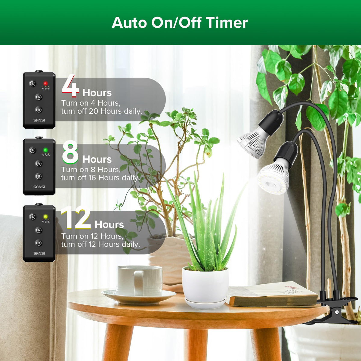 SANSI LED with auto-timer display supports 4/8/12 hour schedules for convenient scheduling.