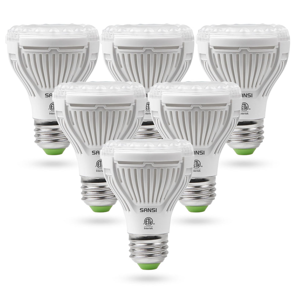 SANSI LED grow light bulb over seedling tray delivering full spectrum illumination for robust germination