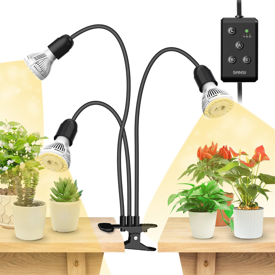 SANSI LED grow light clip assembly over a compact plant tray for adjustable coverage