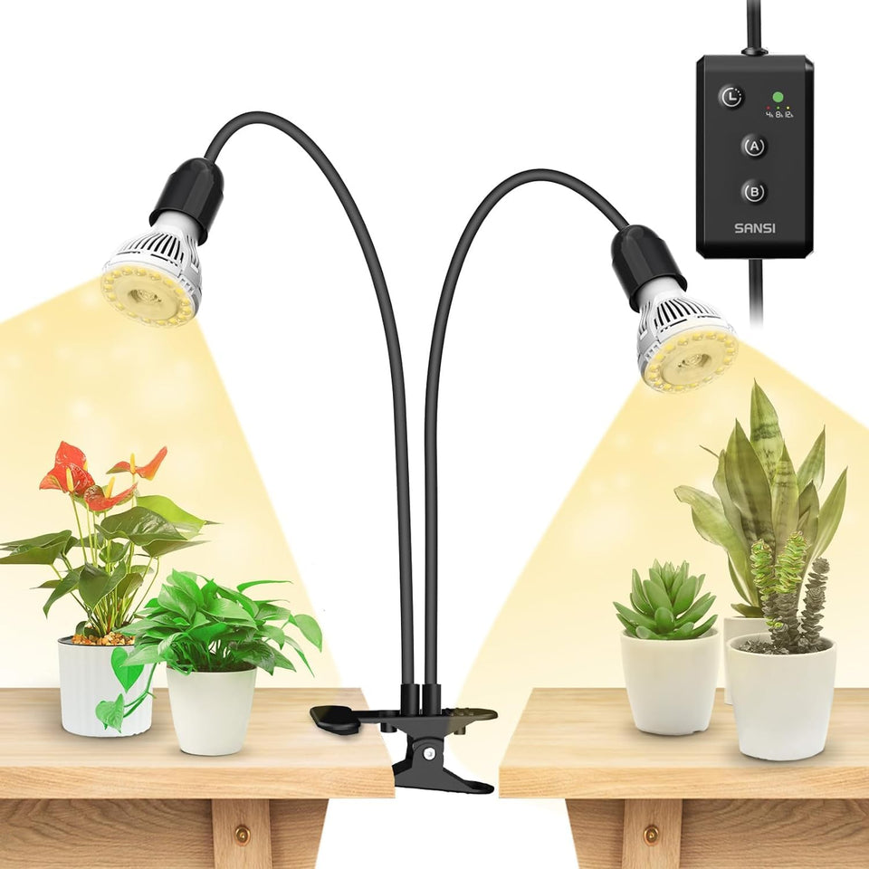 SANSI LED grow light with dual goosenecks clipped overhead for strong indoor plant growth.