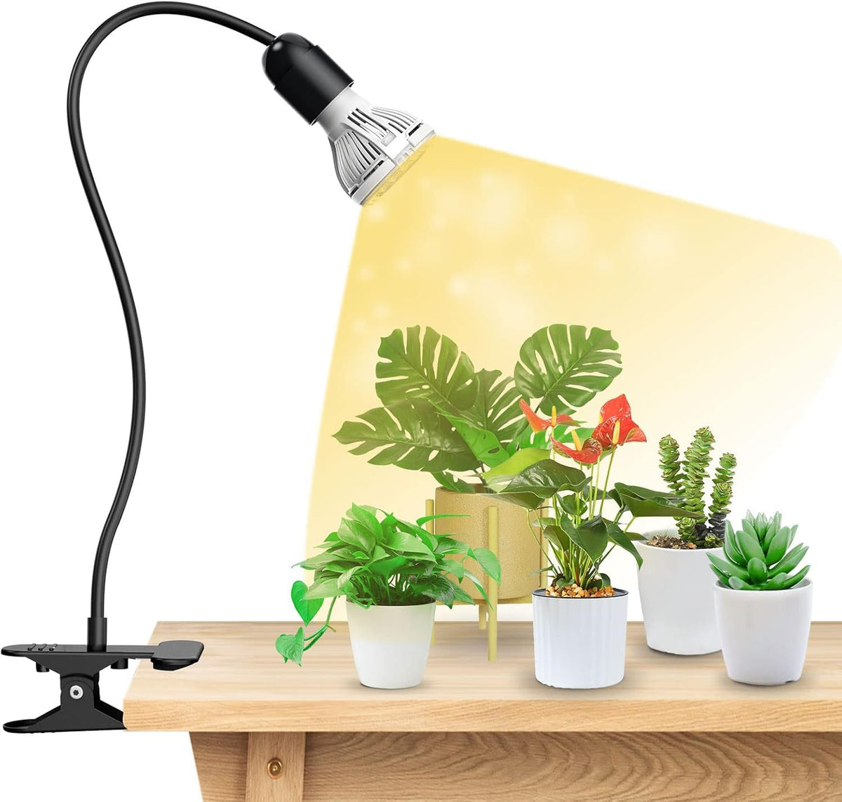 SANSI LED grow light with gooseneck clamp for flexible mounting and full coverage.