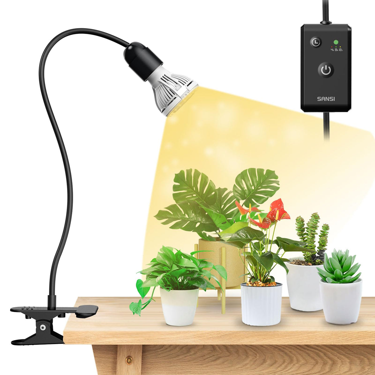SANSI LED grow light with clip-gooseneck for flexible placement and enhanced plant growth.