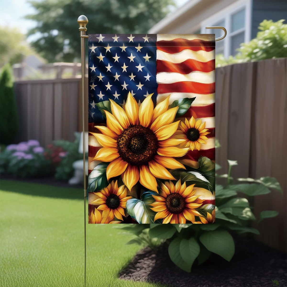 Saoplasa flag detail with vibrant sunflower blooms and bold colors