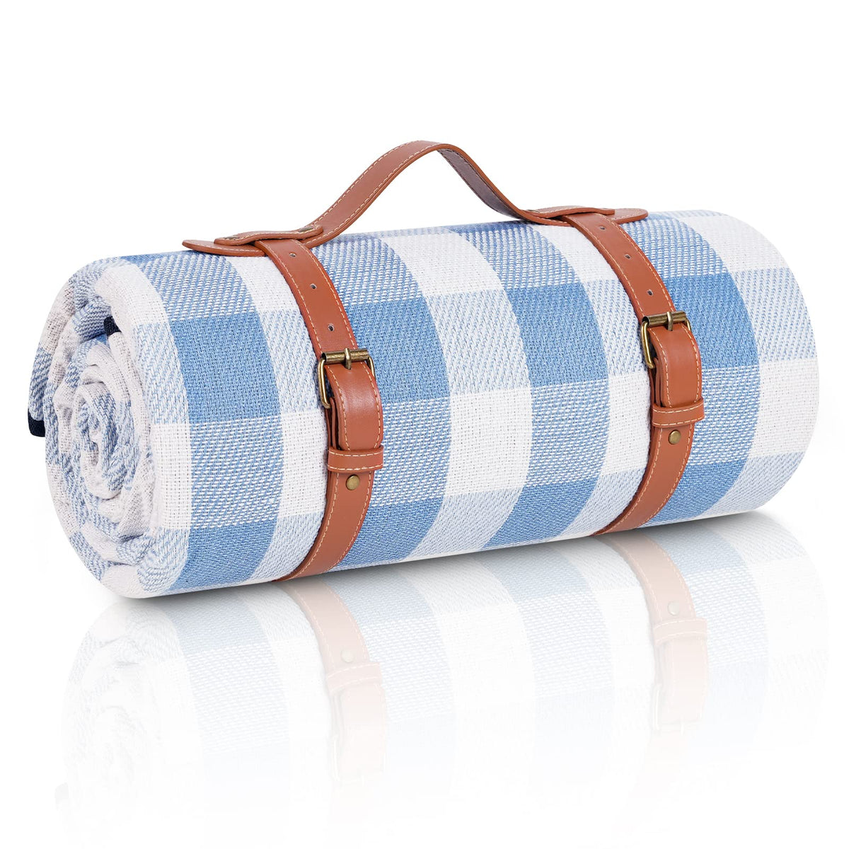 Sapsisel picnic blanket rolled with belt for easy transport and quick setup.