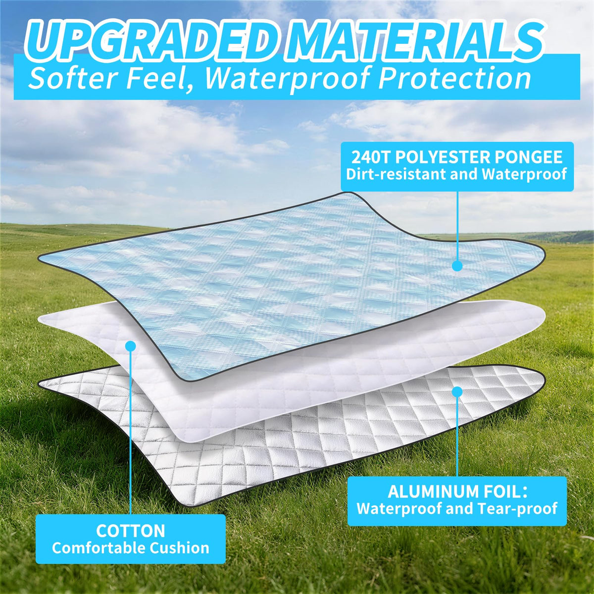 Sapsisel picnic blanket aluminum bottom layer delivers extra waterproof protection on damp surfaces.