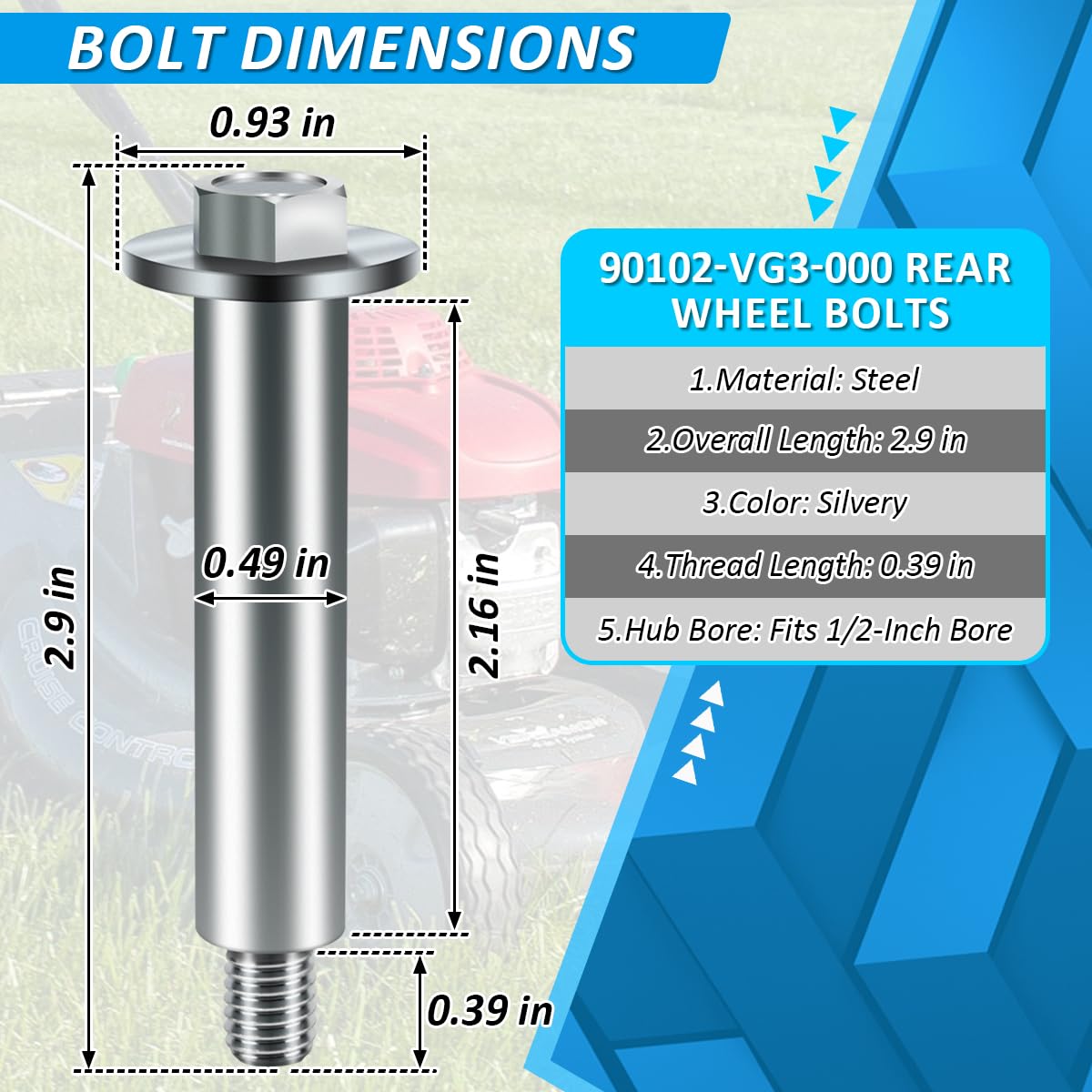 SAQXK wheel shaft bolt ensures stable drive wheels on Honda mowers.
