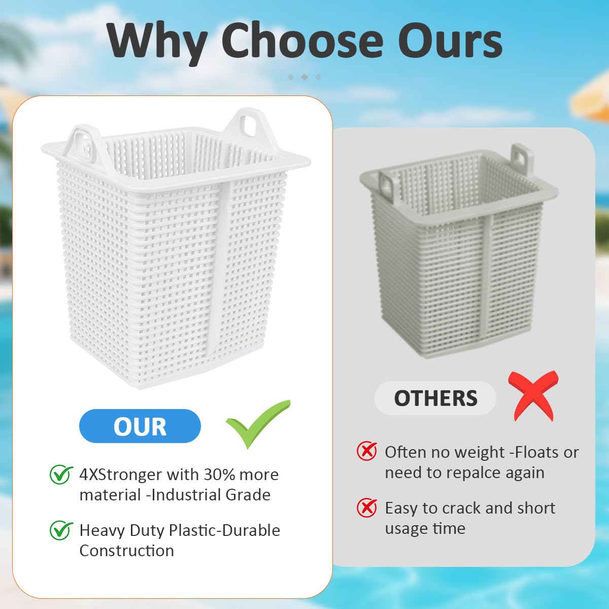 Easy-install basket saves time during routine pool maintenance.