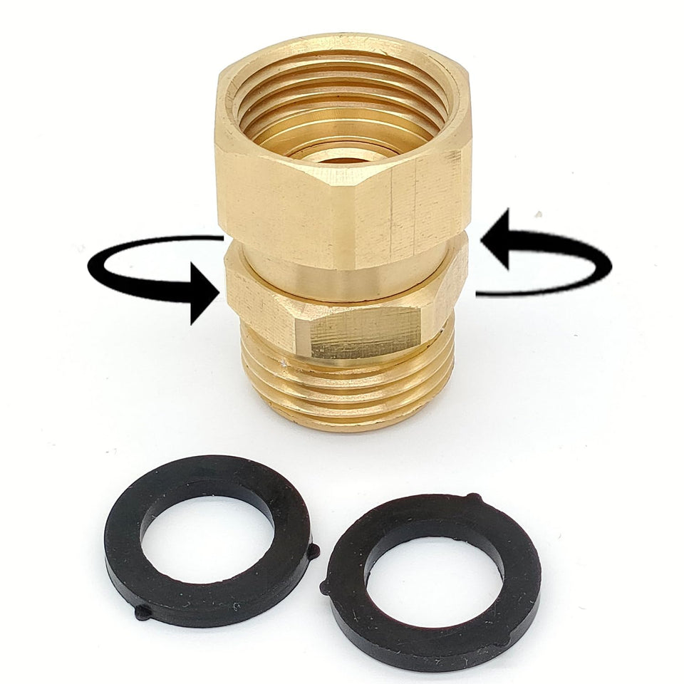 SARANICE garden hose swivel adapter shows 360-degree rotation for tangle-free watering