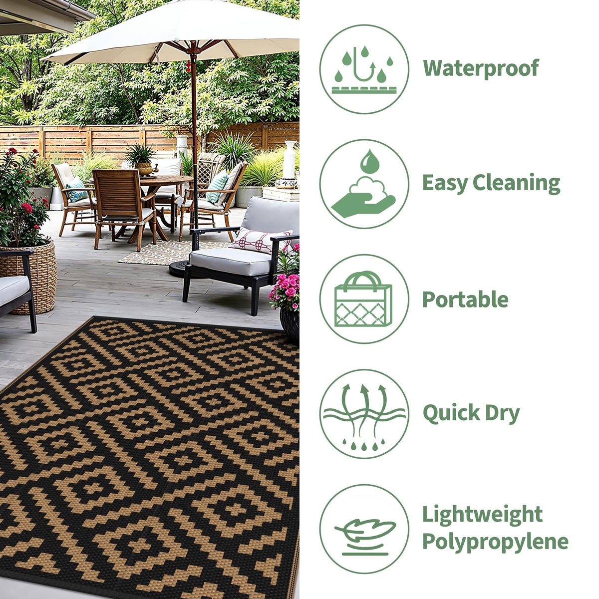 Sarben outdoor rug 4x6 includes stakes and carry bag for secure setup