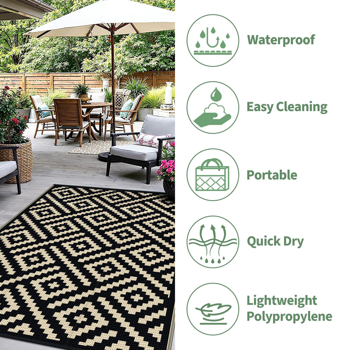 Sarben outdoor rug folds compact for travel and camping