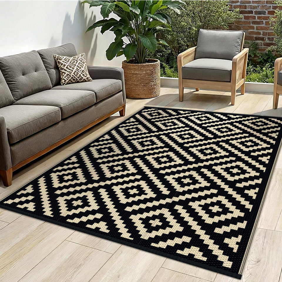 Sarben outdoor rug on a patio, 4x6 size, weather-ready for outdoor spaces
