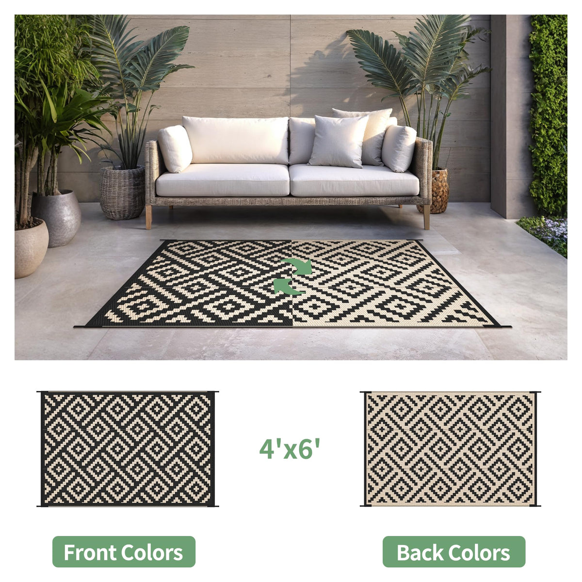 Sarben outdoor rug with reversible pattern for quick style refresh