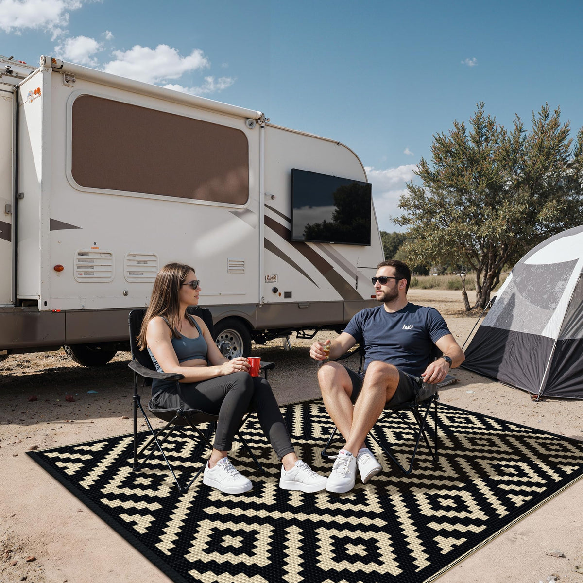 Sarben outdoor rug with UV protection to resist sun fading on decks