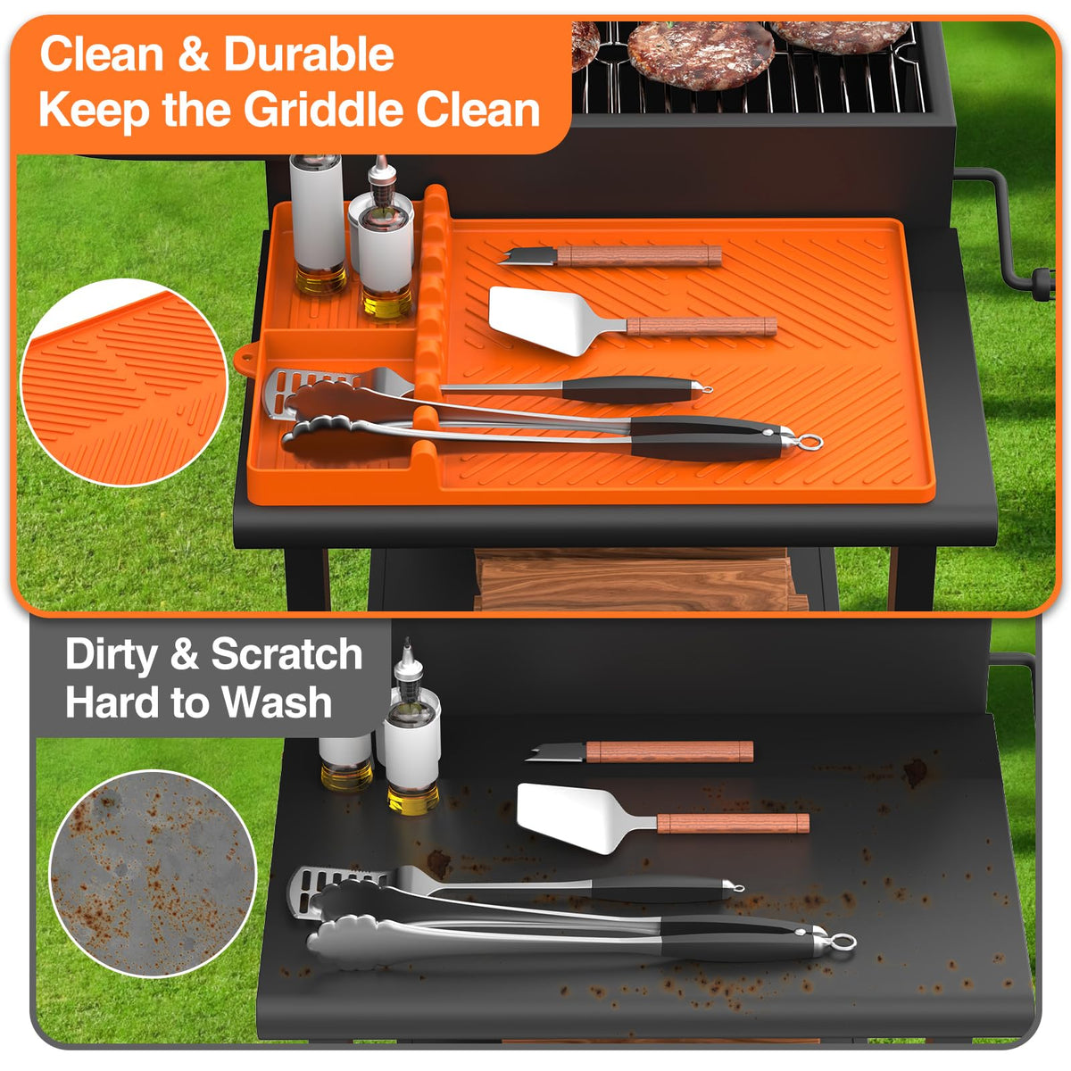 SARTNP mat helps organize kitchen tools on a Blackstone side shelf