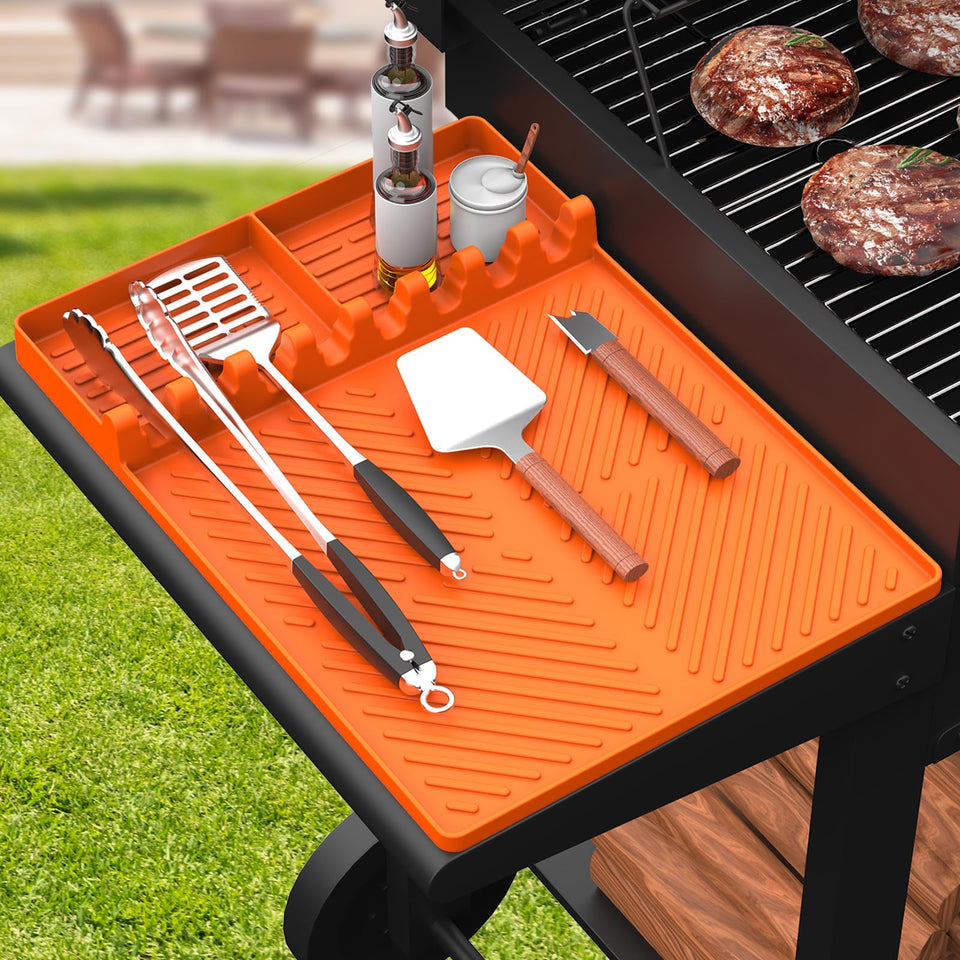 SARTNP silicone griddle mat on side shelf for organized grilling and easy access