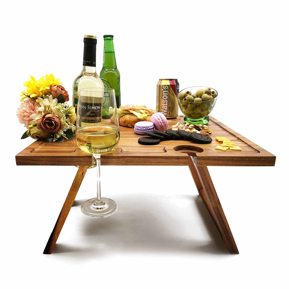 SASIDO portable wine picnic table on acacia wood surface for outdoor entertaining.