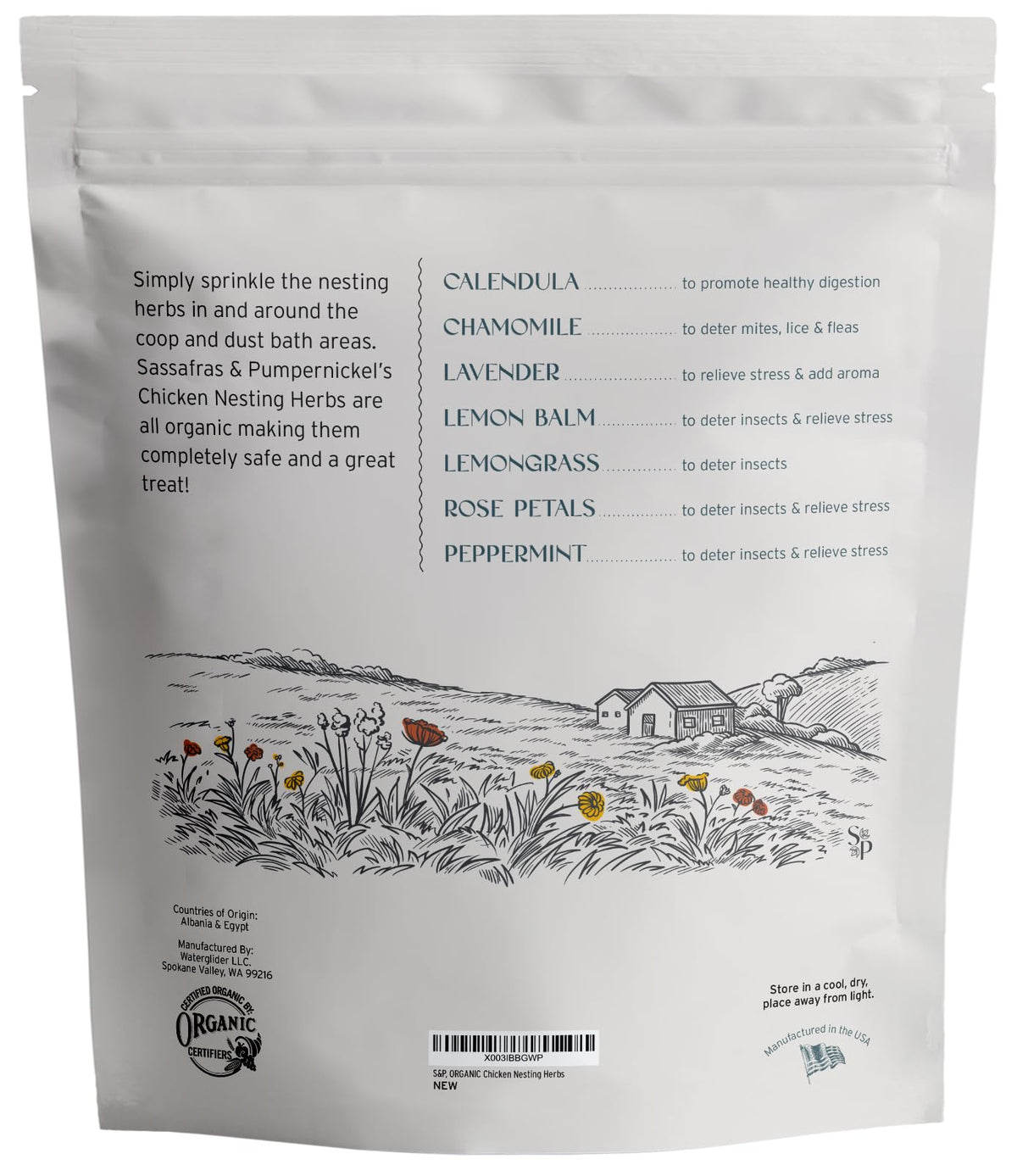 Sassafras & Pumpernickel organic peppermint nesting herbs for fresh air in the coop.