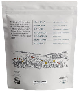 Sassafras & Pumpernickel organic peppermint nesting herbs for fresh air in the coop.