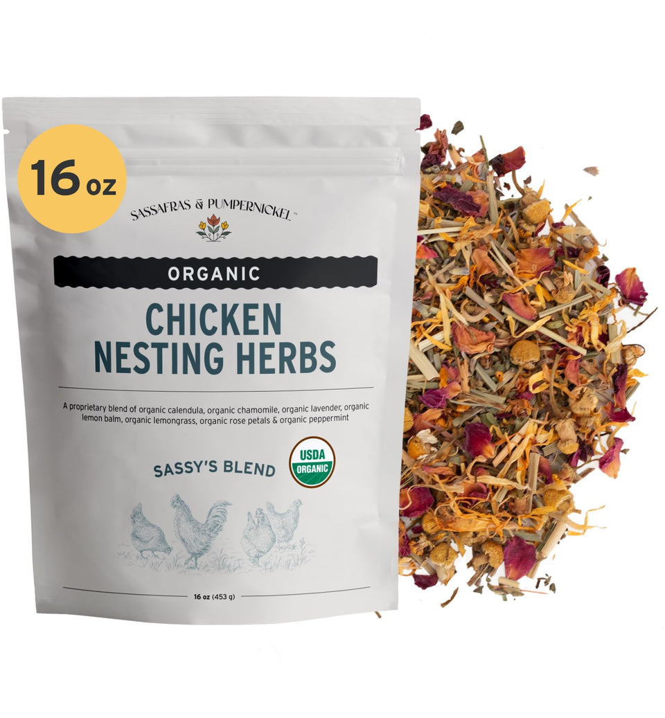 Sassafras & Pumpernickel organic rose petals nesting herbs for coop aroma and flock wellness.