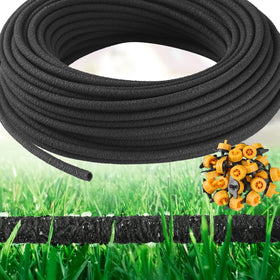 Sasylvia 100 ft soaker hose laid out with emitters for even watering in garden beds.