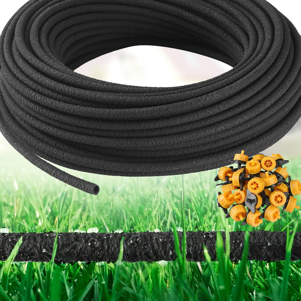 Sasylvia 100 ft soaker hose laid out with emitters for even watering in garden beds.
