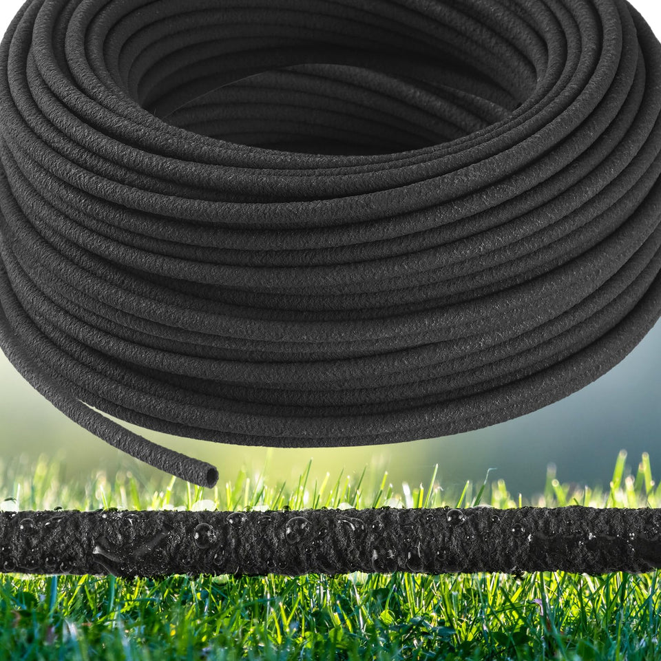 Sasylvia 400 ft soaker hose coiled beside raised beds for even watering