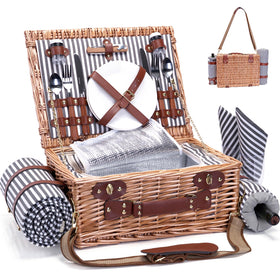 SatisInside striped picnic basket for two, rustic outdoor dining setup.