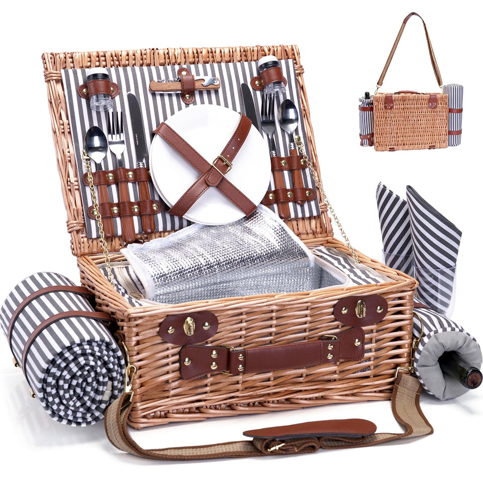 SatisInside striped picnic basket for two, rustic outdoor dining setup.