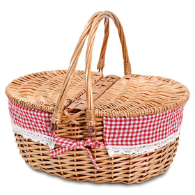 SatisInside wicker picnic basket with lid open for easy packing and stylish presentation.