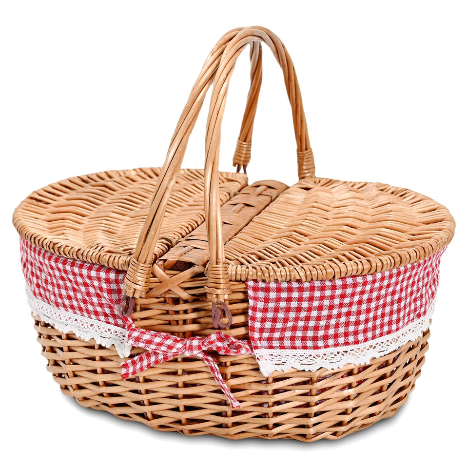 SatisInside wicker picnic basket with lid open for easy packing and stylish presentation.
