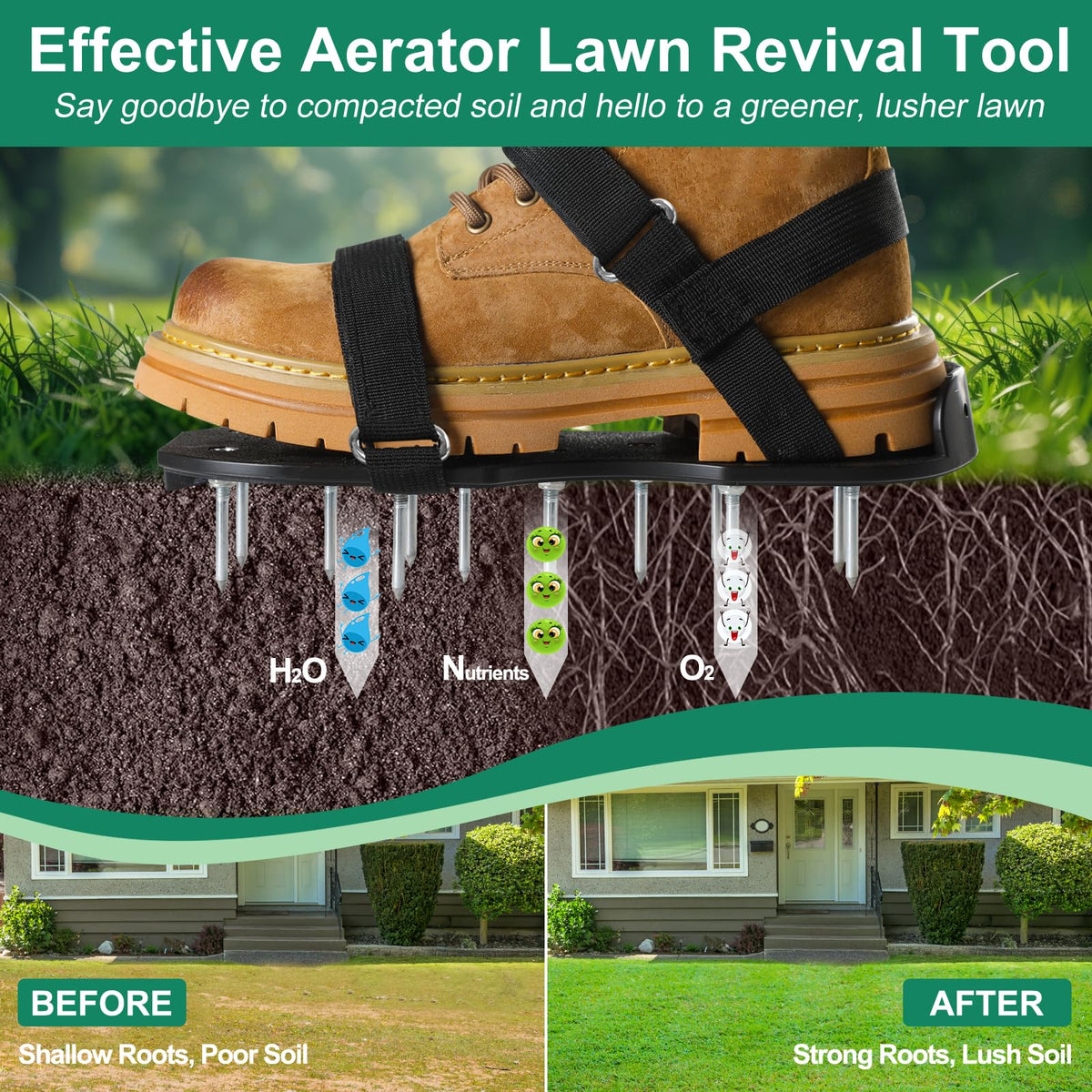 Satisure aerator shoes on grass during use for lawn care.