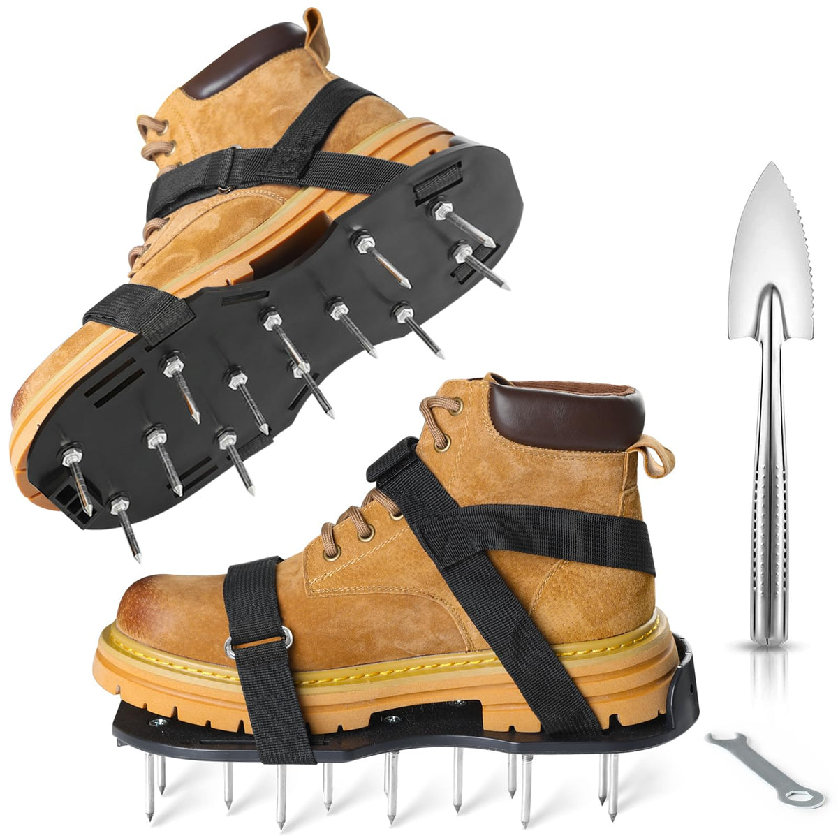 Satisure lawn aerator shoes with spikes close-up for soil penetration.