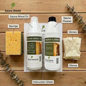 Sauna Shield cleaner bottle demonstrates surface-safe cleansing for wood, glass, metal, and tile.
