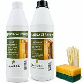 Sauna Shield oil bottle in use, delivering deep wood nourishment for lasting warmth and protection.