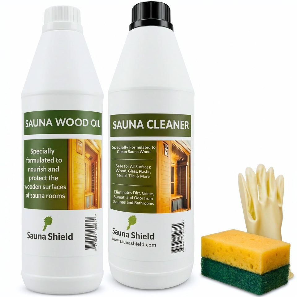 Sauna Shield oil bottle in use, delivering deep wood nourishment for lasting warmth and protection.
