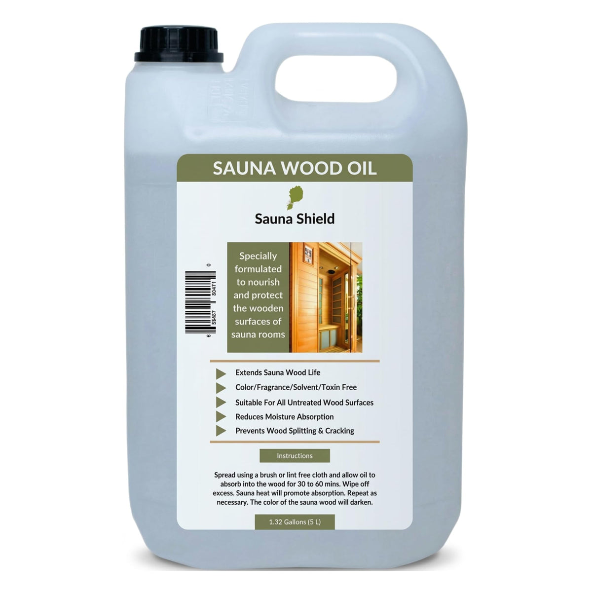 Sauna Shield sauna wood oil bottle showing colorless protection for sauna wood