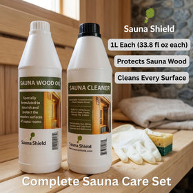 Sauna Shield wood oil application on warm sauna wood for even coverage.