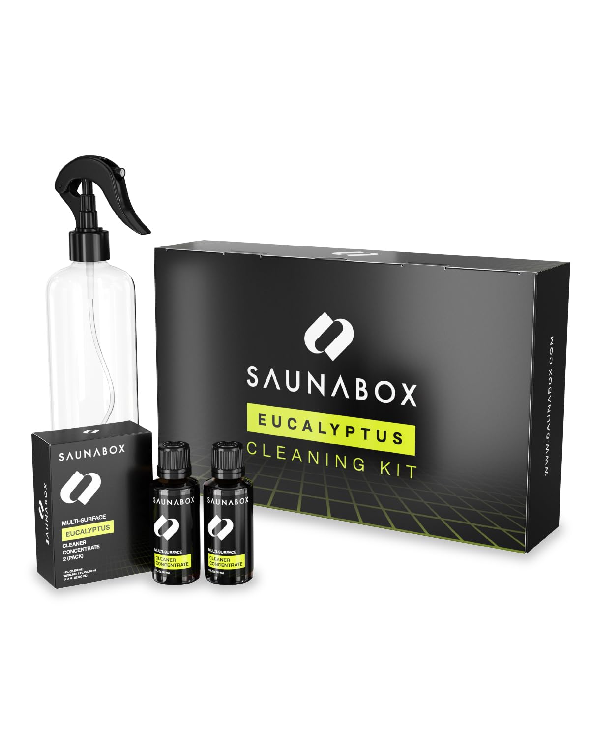 SAUNABOX all-natural sauna cleaning kit bottle ready for use, surface-safe formula.