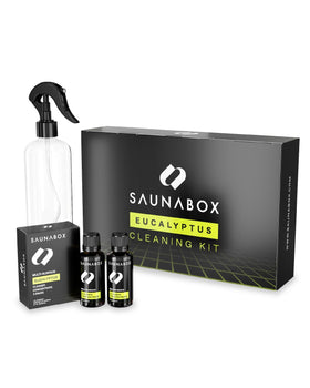 SAUNABOX all-natural sauna cleaning kit bottle ready for use, surface-safe formula.