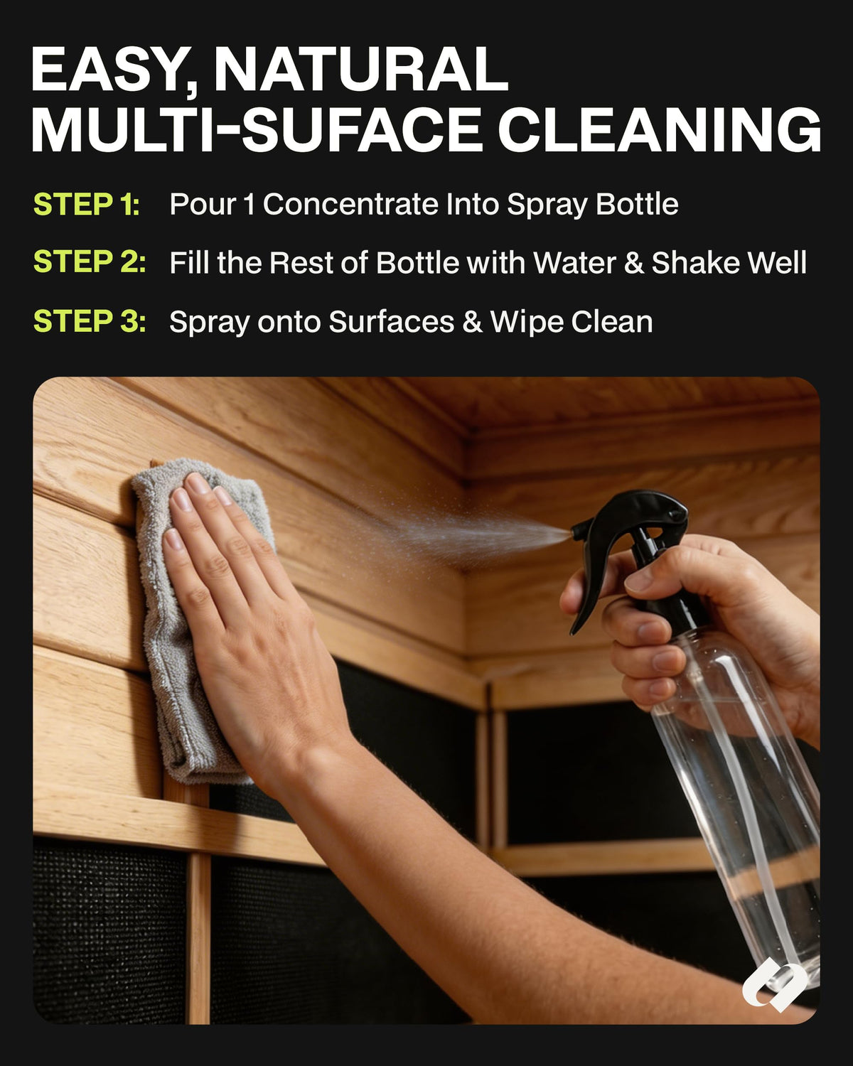 SAUNABOX concentrated cleaner used with dilution for efficient cleaning across surfaces.
