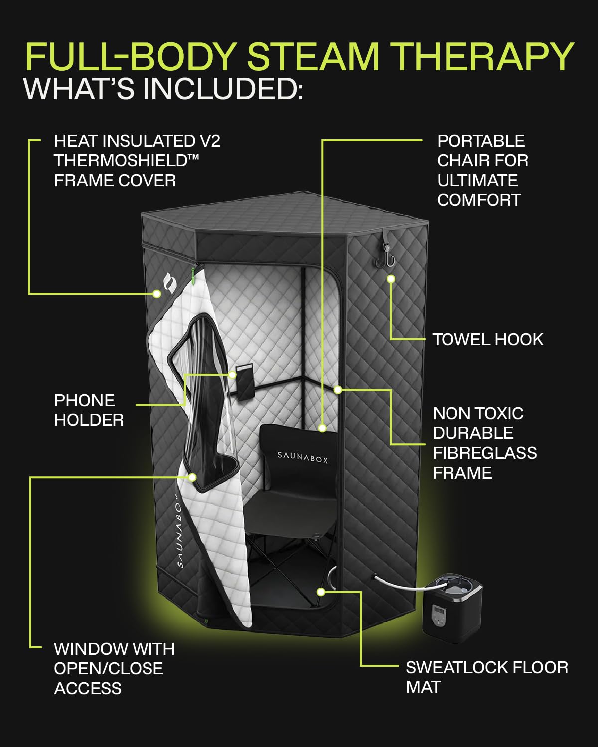 SAUNABOX SmartSteam Pro pop-up frame allows easy, tool-free assembly
