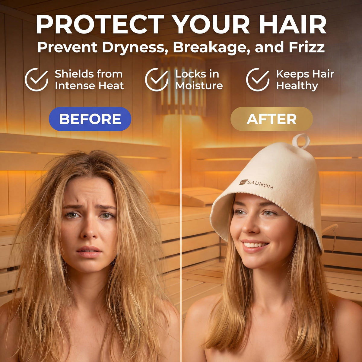 SAUNOM hat highlights moisture-wicking and cooling properties for extended sauna time.