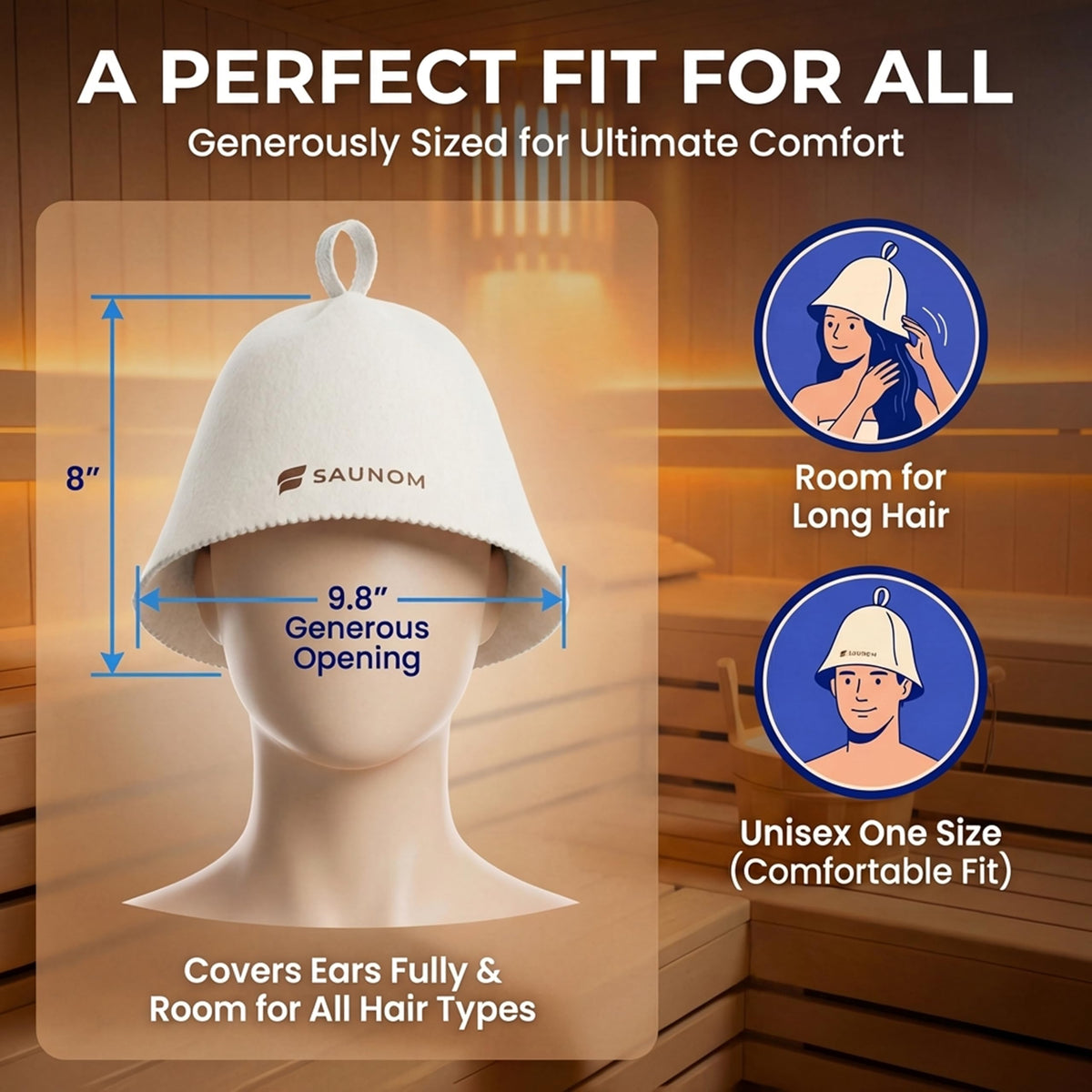 SAUNOM sauna hat reveals natural odor-resistant wool for a fresh after-use feel.