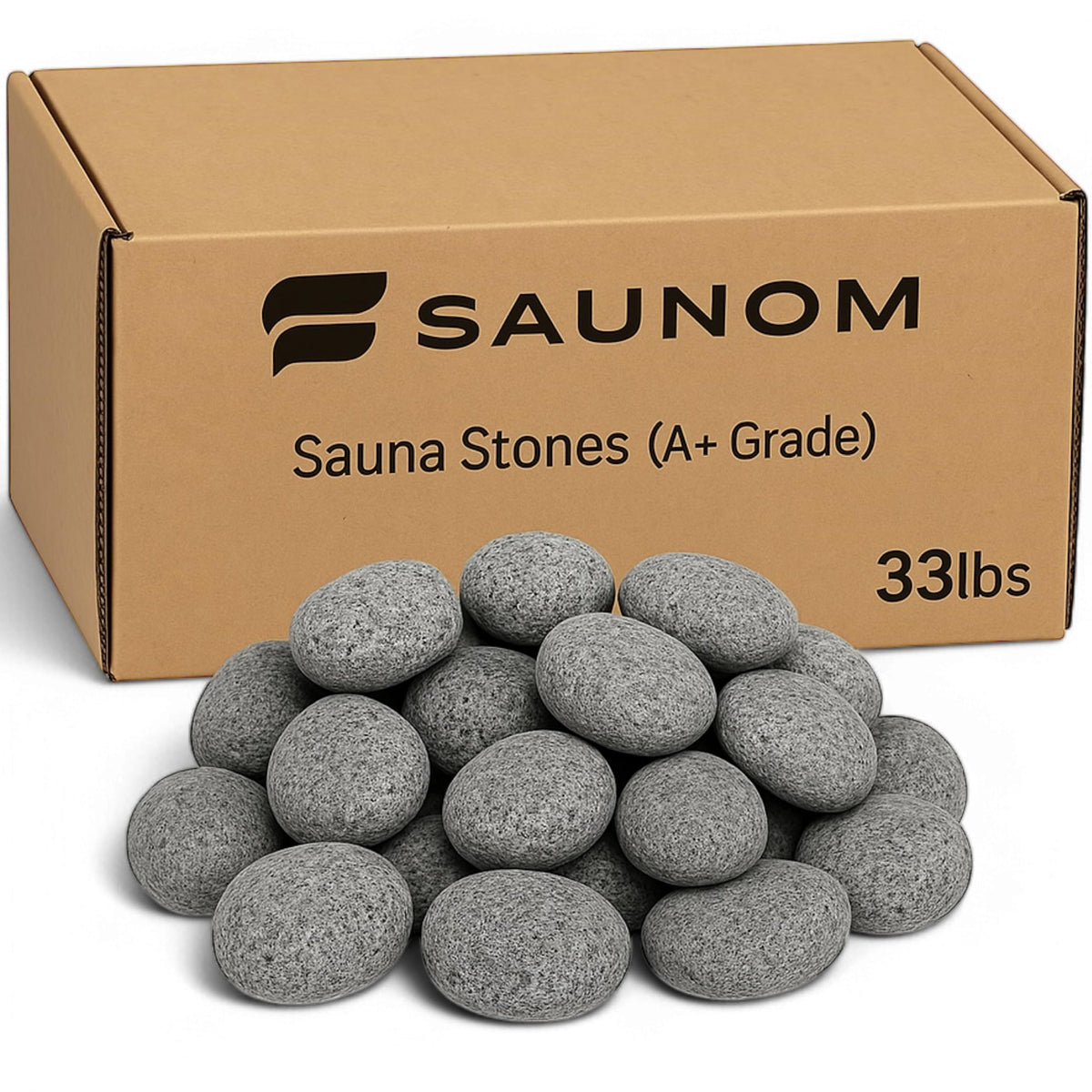 SAUNOM Premium Sauna Rocks box front showing ready to use 33 lb package