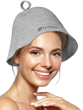 SAUNOM Premium Ultra Soft Grey Sauna Hat front view – plush wool for gentle comfort.