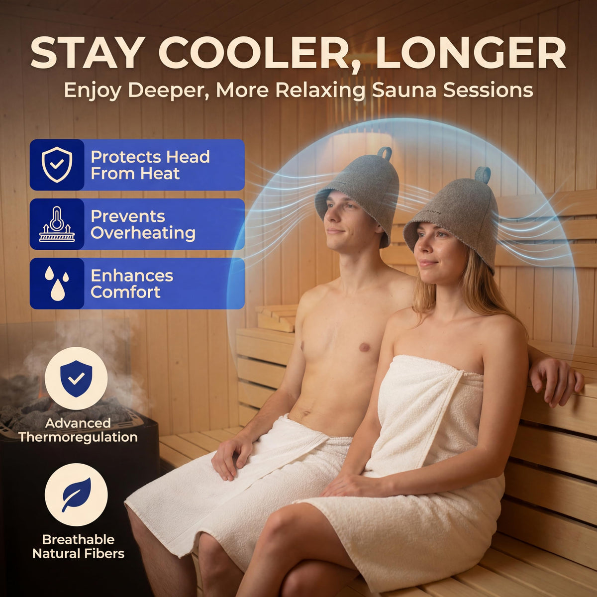 SAUNOM sauna hat side view – secure, breathable fit for extended sessions.