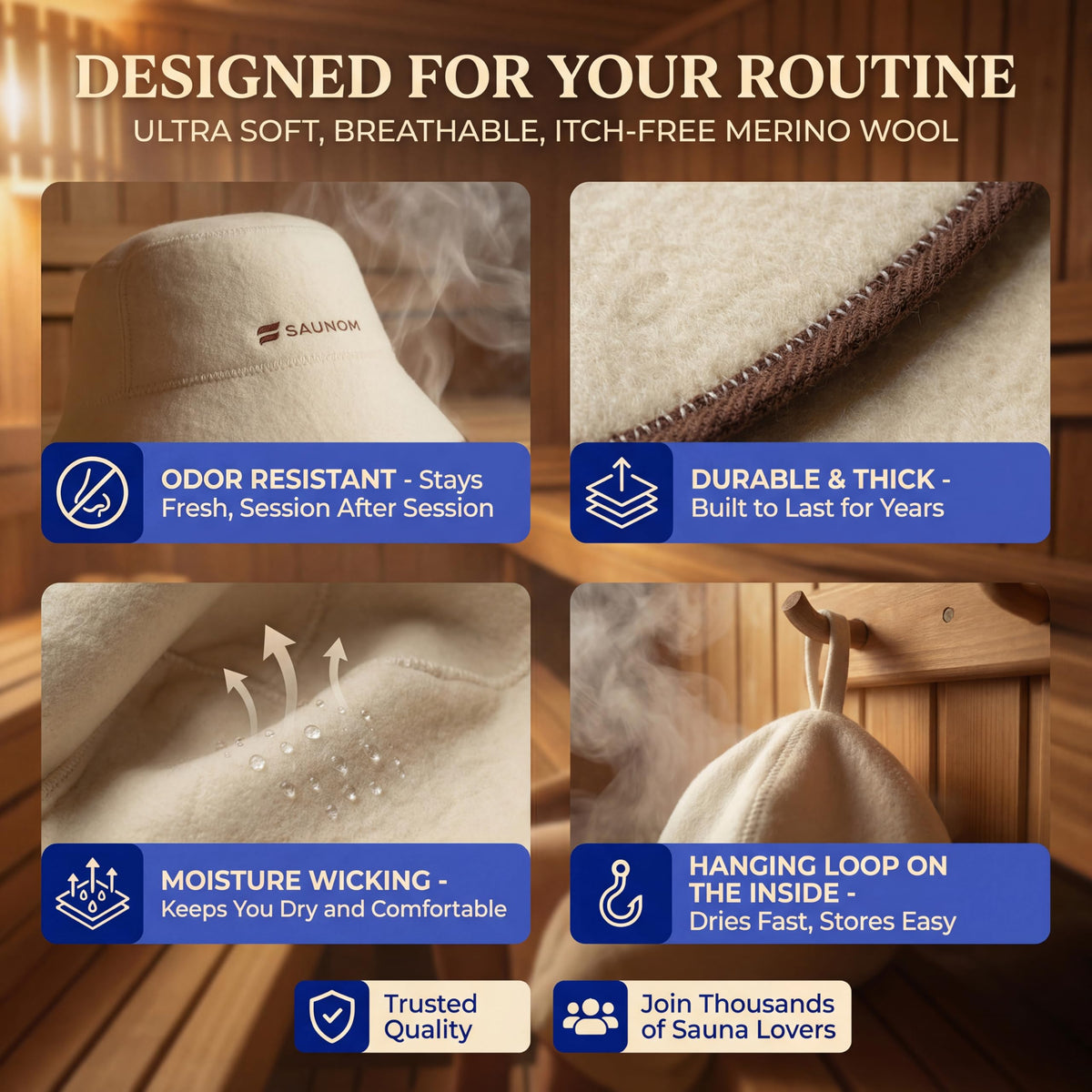 SAUNOM wool sauna hat breathable weave promotes comfortable airflow.
