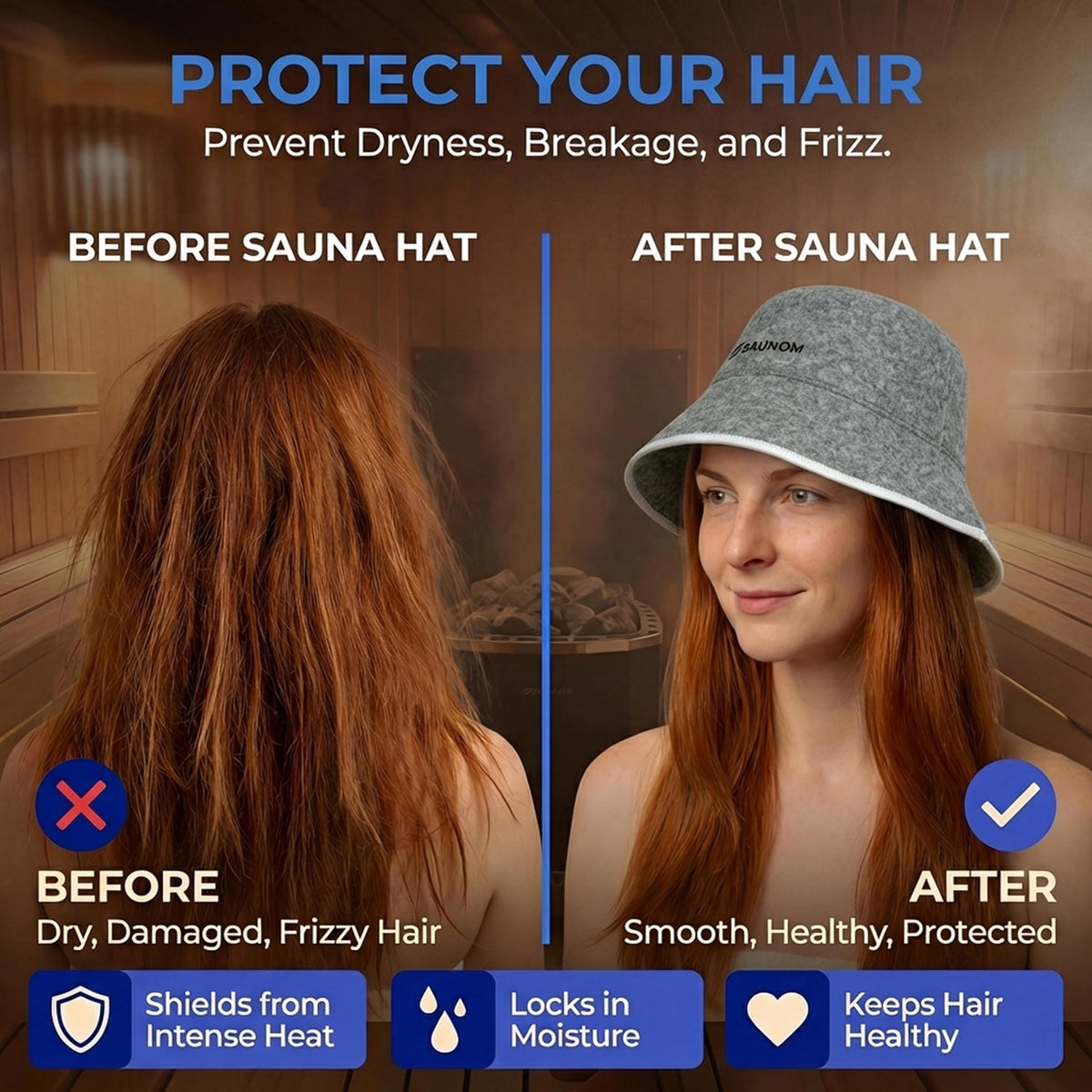 SAUNOM wool sauna hat highlights durable, soft wool material.