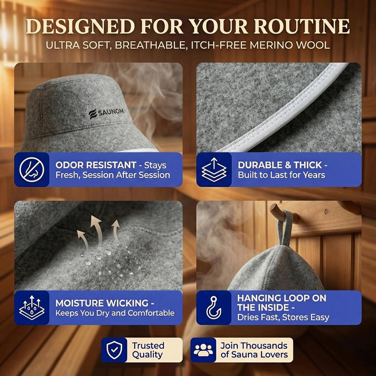 SAUNOM wool sauna hat demonstrates natural odor resistance.