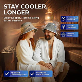 SAUNOM wool sauna hat worn on head for comfortable use.